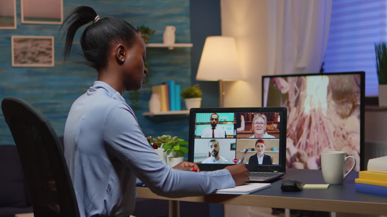 Black businesswoman on video conference working remotely