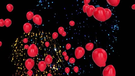 Animation-of-red-balloons-with-confetti-on-black-background