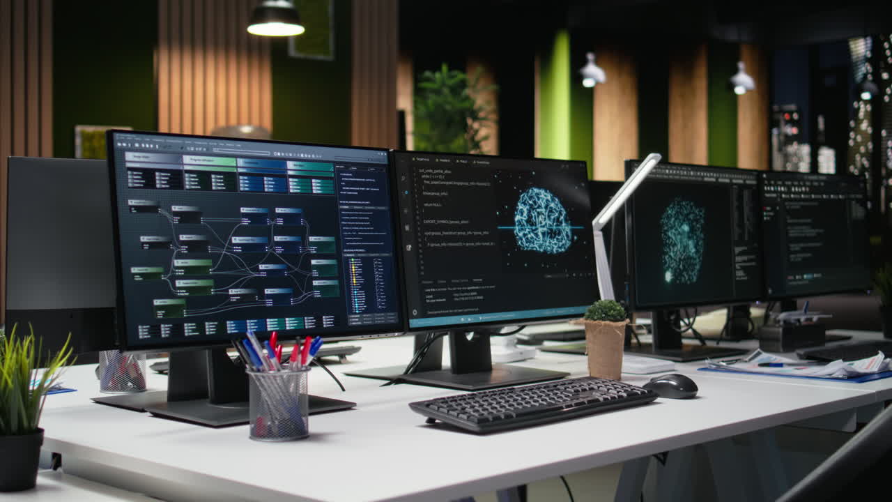 Leerer moderner Büroschreibtisch mit mehreren Computermonitoren, die Code anzeigen