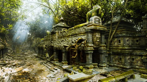 ancient temple ruins in cambodia surrounded by lush greenery and sunlight