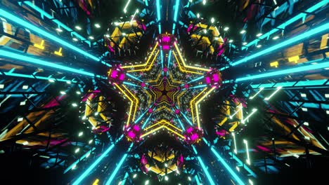 un túnel festivo musical iluminado con neón en forma de estrella. animación de bucle para sus videos y para clips de vj, conciertos y vacaciones.