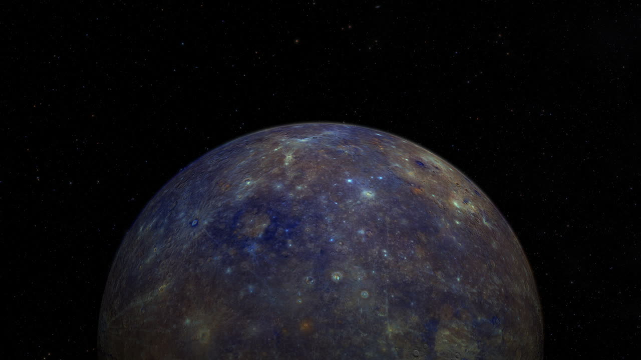 CGI composite: flying over planet Mercury, half lit with a starry background