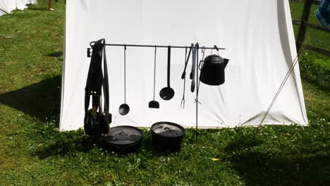 civil war tent with cooking utensils