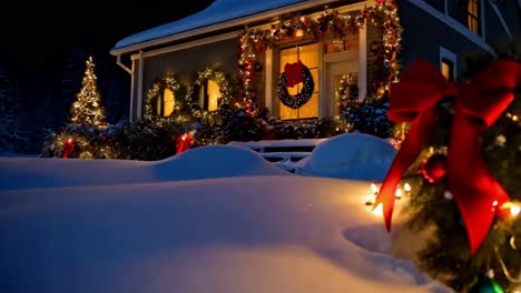 snowy christmas house decorated at night