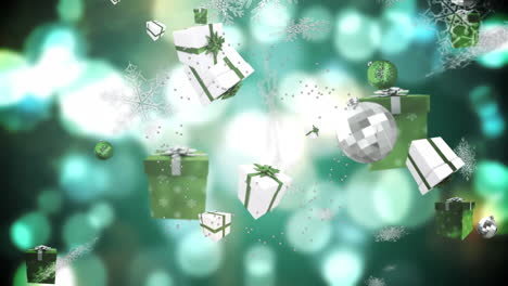 animación de regalos de navidad y decoraciones sobre puntos de luz sobre fondo verde