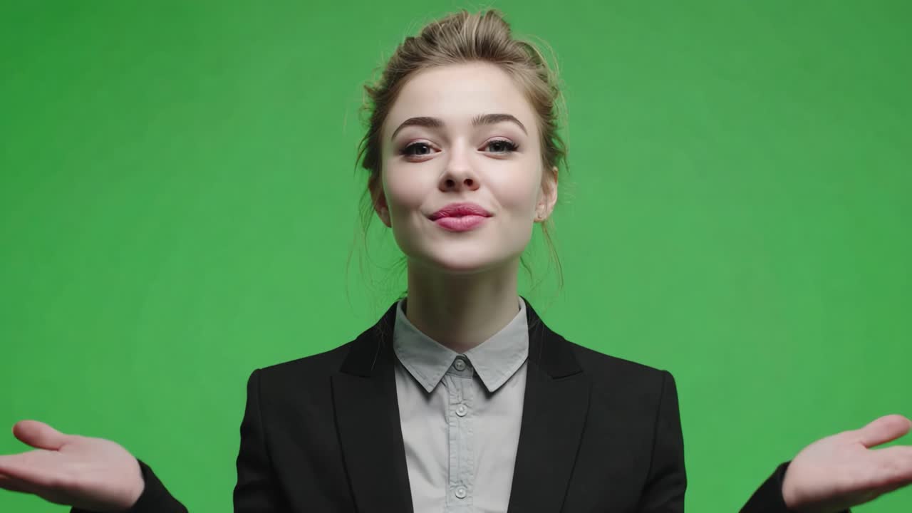 A confident young woman in a stylish suit poses on a vibrant green background, showcasing her charismatic personality with a welcoming gesture and a charming smile