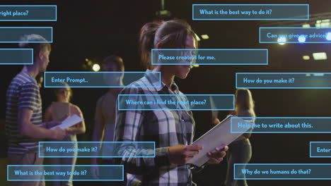 animación de textos de chat sobre diversos estudiantes que se preparan en el escenario