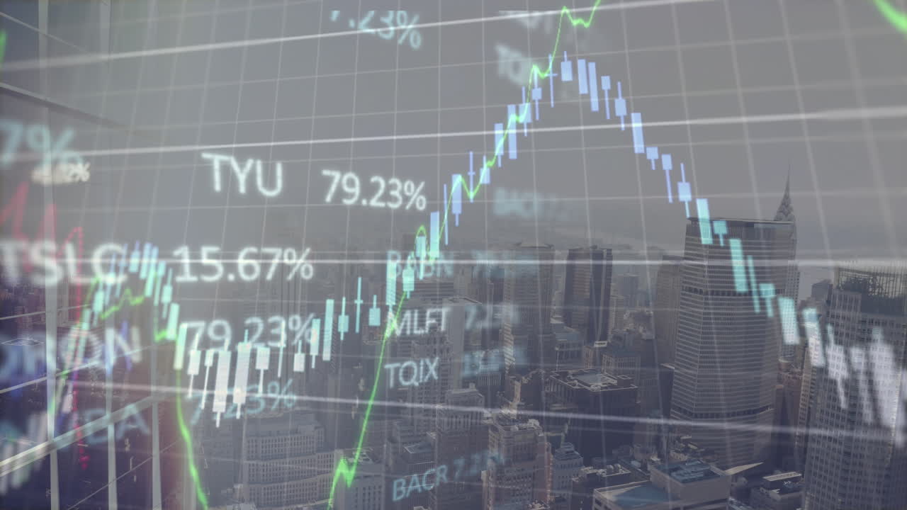 animación del procesamiento de datos financieros y bursátiles frente a una vista aérea del paisaje urbano