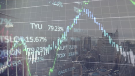 animación del procesamiento de datos financieros y bursátiles frente a una vista aérea del paisaje urbano