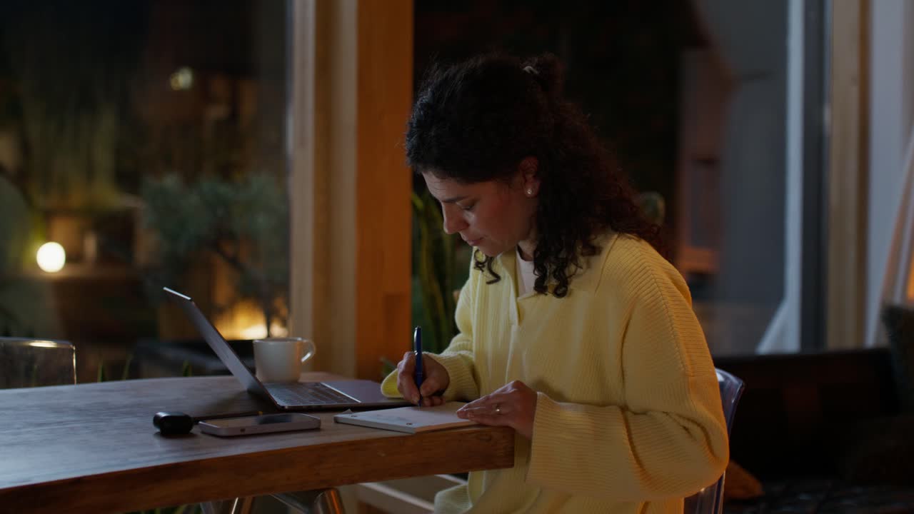 Woman working from home at night