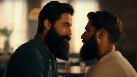 close-up view of two men with long beards