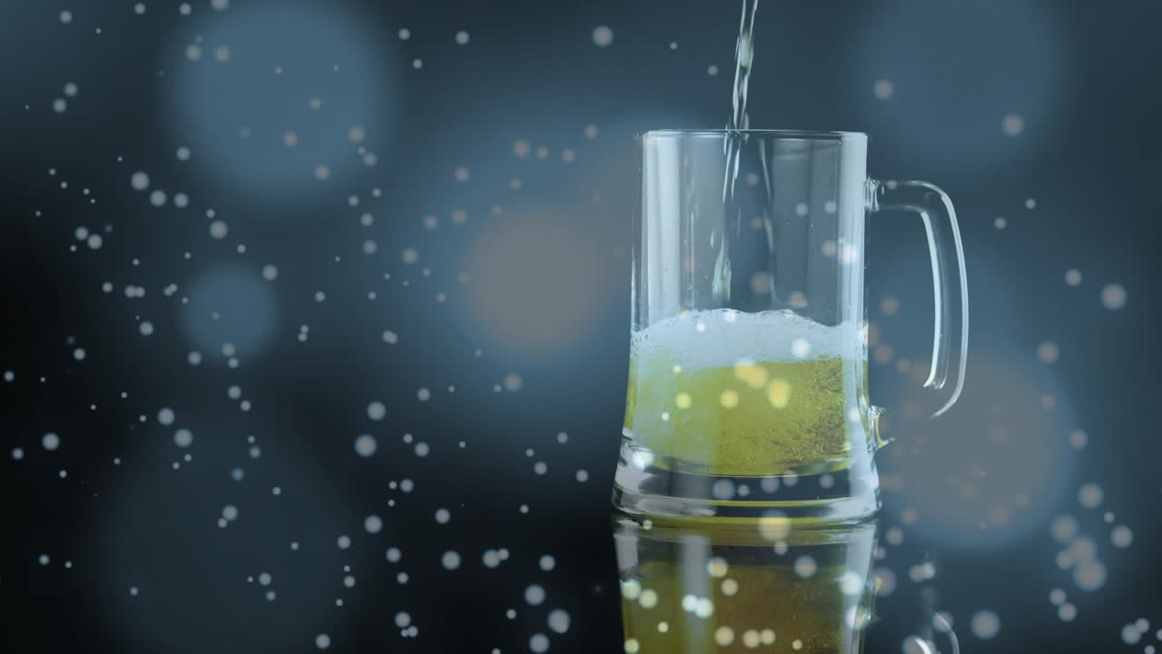 Thin vertical stream entering frame, filling clear glass mug, forming foam, showcasing carbonation