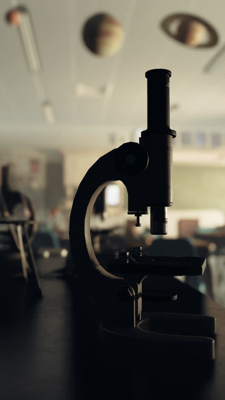 un microscopio en una mesa en un aula
