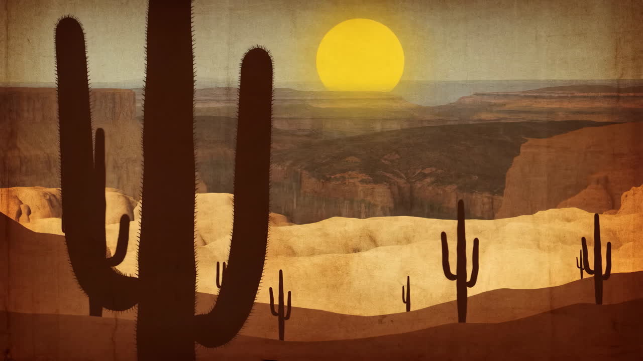 Stylized Desert Sunset with Saguaro Cacti