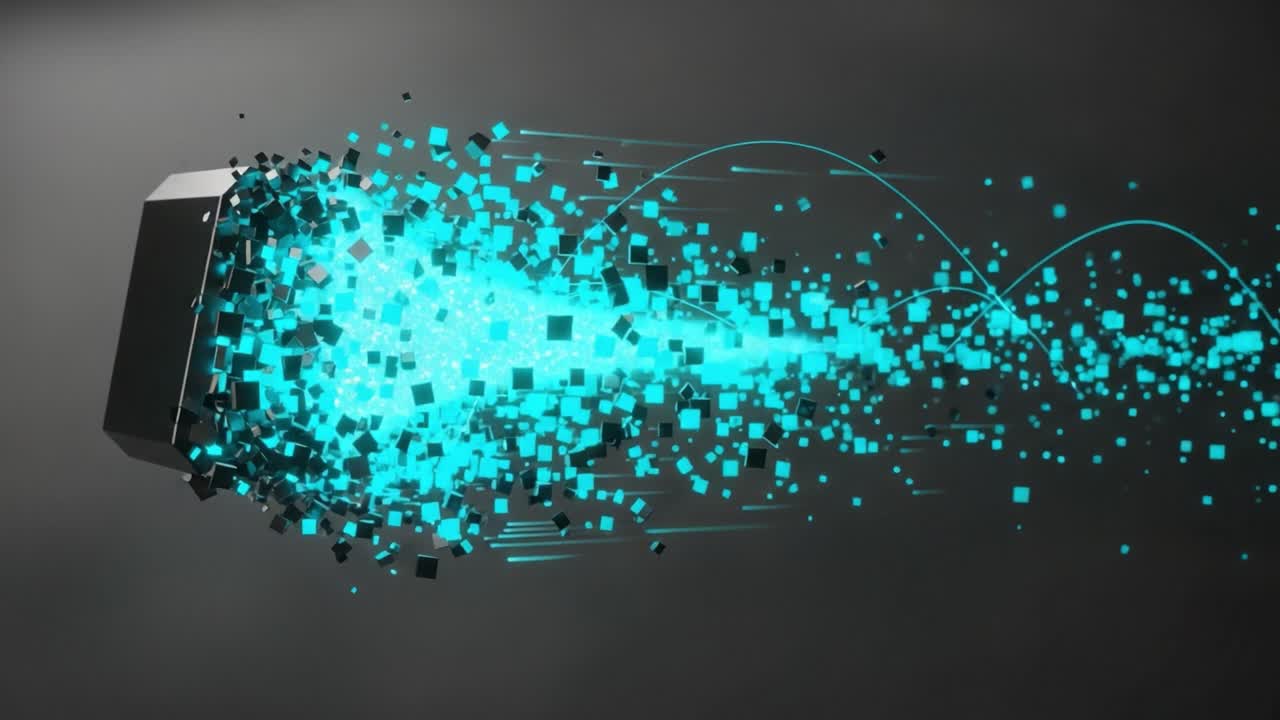 A Dynamic Flow of Dispersing Cubes and Lines Exploding from a Source, Creating a Mesmerizing Visualization of Energy and Motion Against a Dark Background