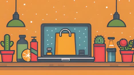 online shopping and e-commerce illustration with laptop and retail items