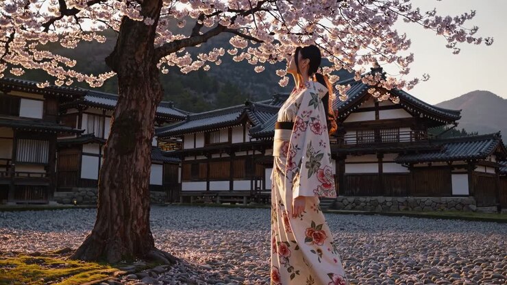 Una serena scena video di una donna in kimono floreale sotto i ciliegi in fiore, ripresa lateralmente