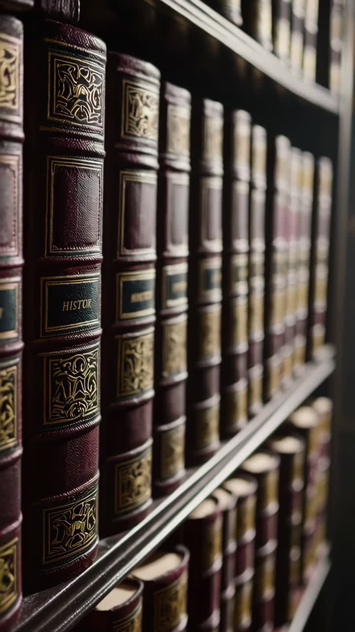 Antique Books on Shelves in a Library