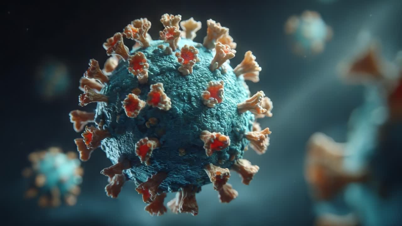 Close-up Views of a Virus with Distinct Spike Proteins, Showcasing the Complex Structure and Microenvironment of Viral Particles in 3D Representation