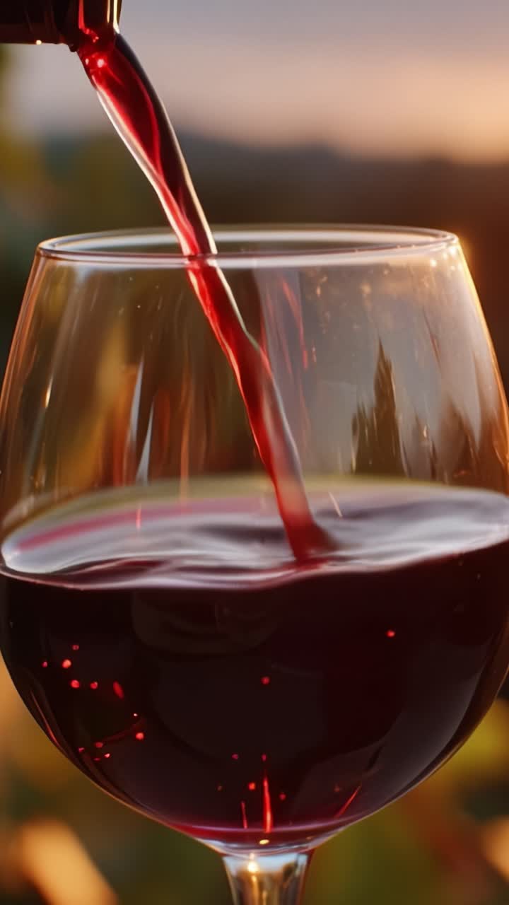 Um Lindo Reflexo do Pôr do Sol Capturado em uma Taça de Vinho, Mostrando a Rica Cor e Textura do Vinho Tinto Sendo Servido Contra um Cenário Panorâmico