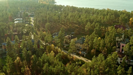 sunset drone flight over a modern home development in the forested countryside