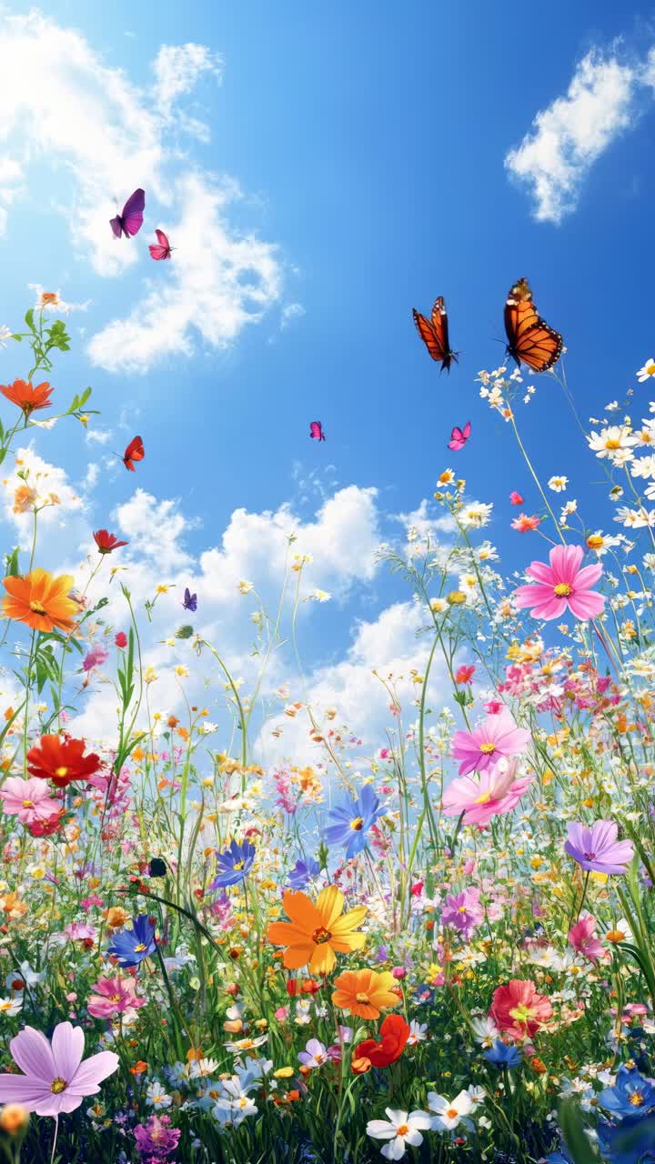 Vibrant wildflower meadow with butterflies under a bright blue sky