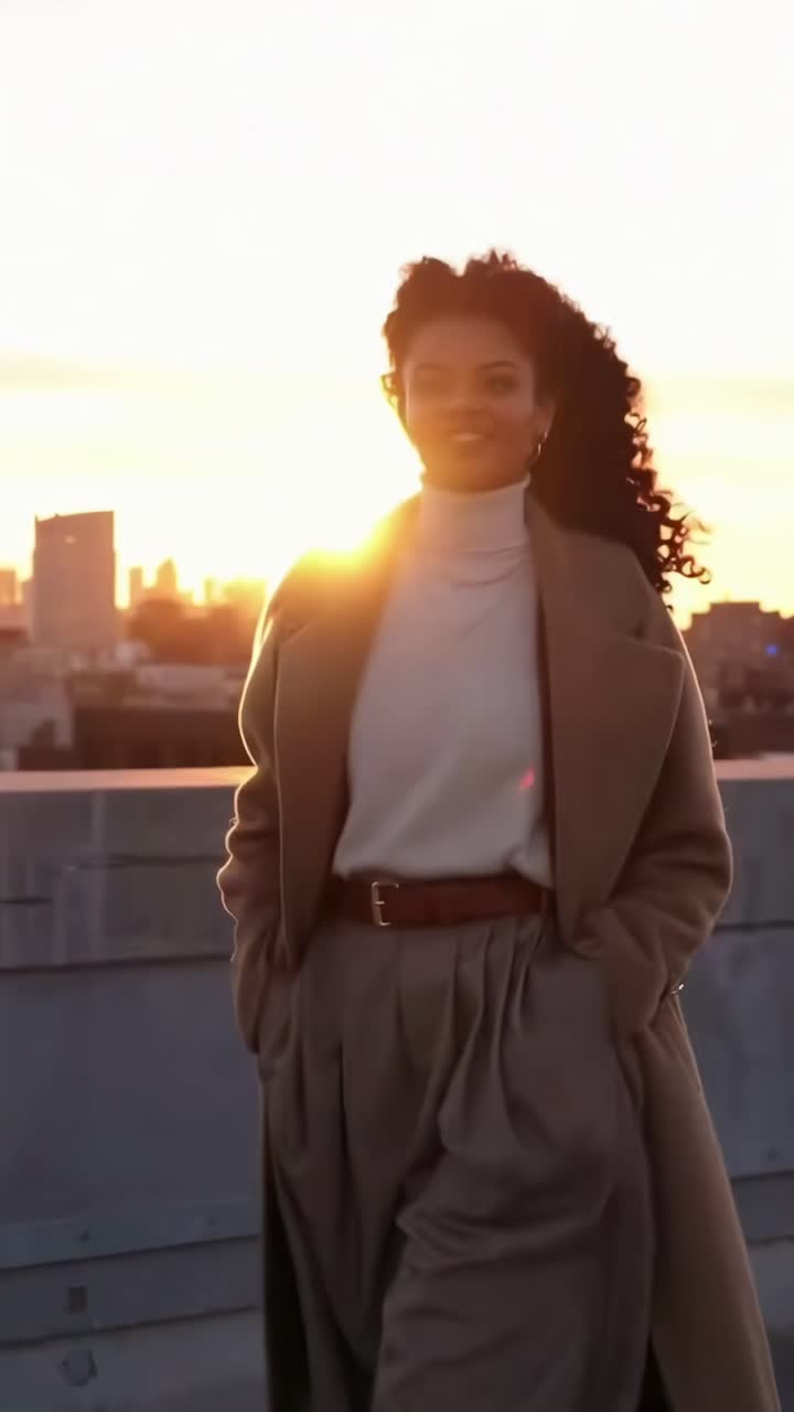 Mulher elegante desfrutando do pôr do sol da hora dourada em um terraço urbano