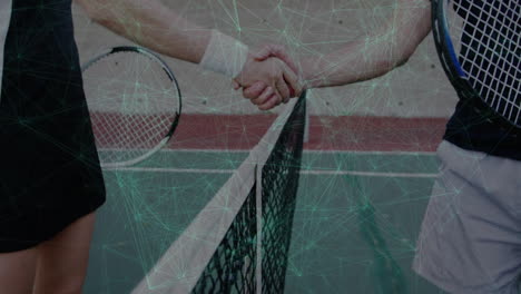 male and female tennis players shaking hands on hard court, with animated technology chart overlay