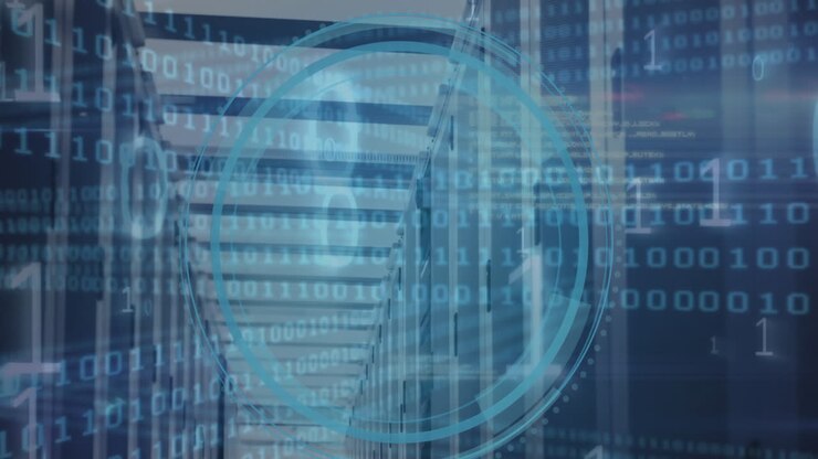 Animation of cyber security text, binary coding and data processing over computer servers