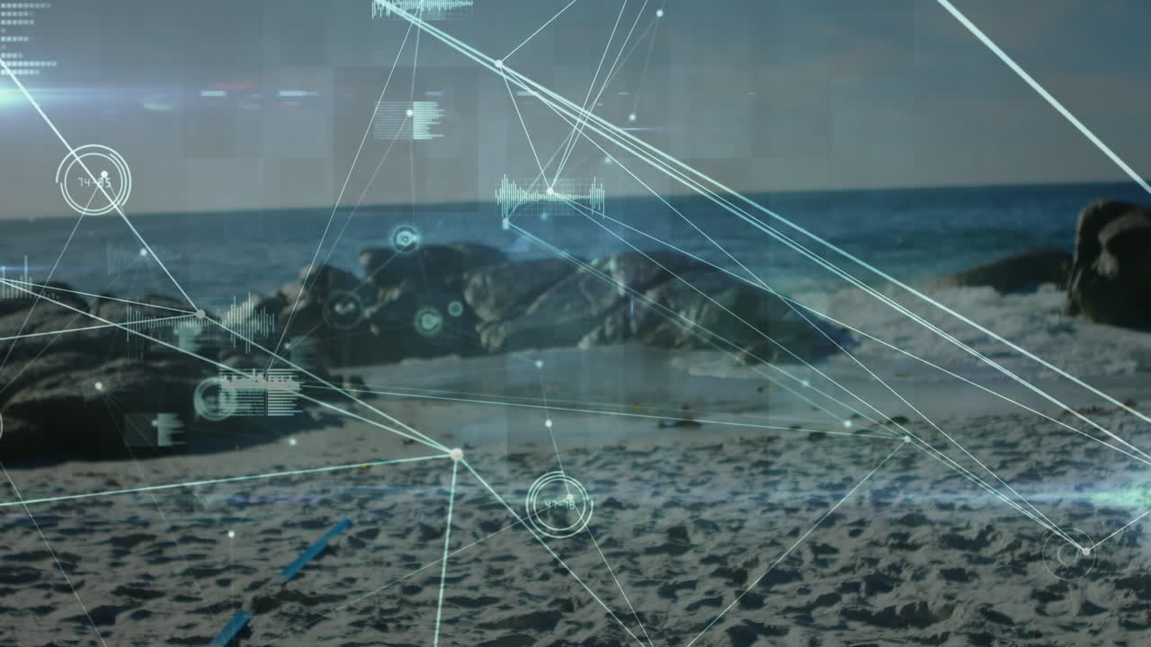 Animation of connections over caucasian woman playing volleyball on beach at sunset