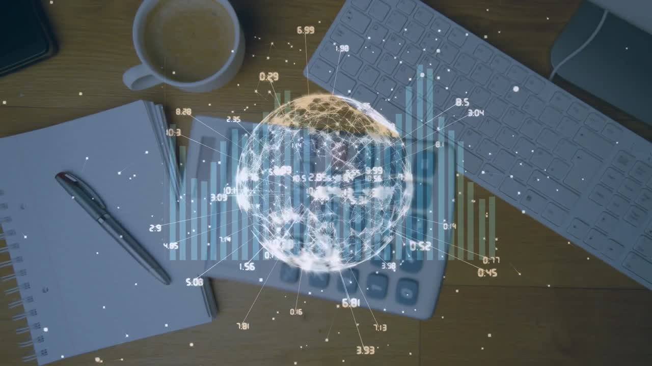 Animation of globe with connections and data over cdesk with electronic devices