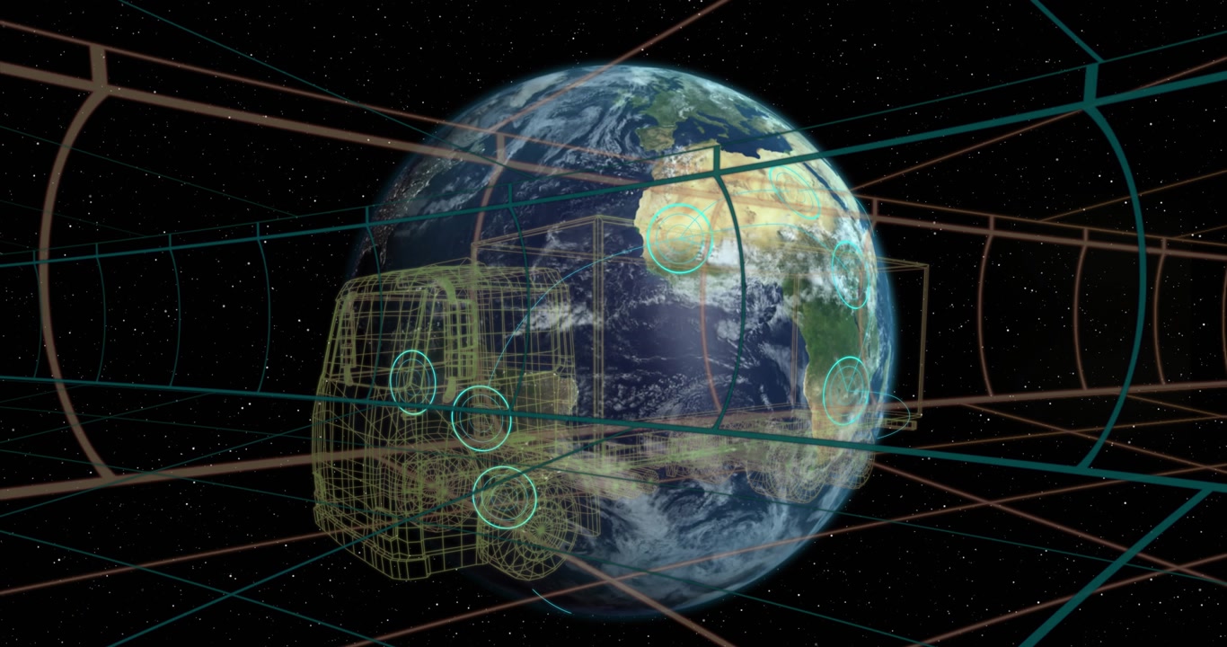 Globe appearing beside 3D wireframe truck, rotating grid cage, pulsing overlays scanning Earth