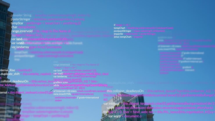 Animatie van gegevensverwerking boven hoge gebouwen tegen een blauwe lucht.