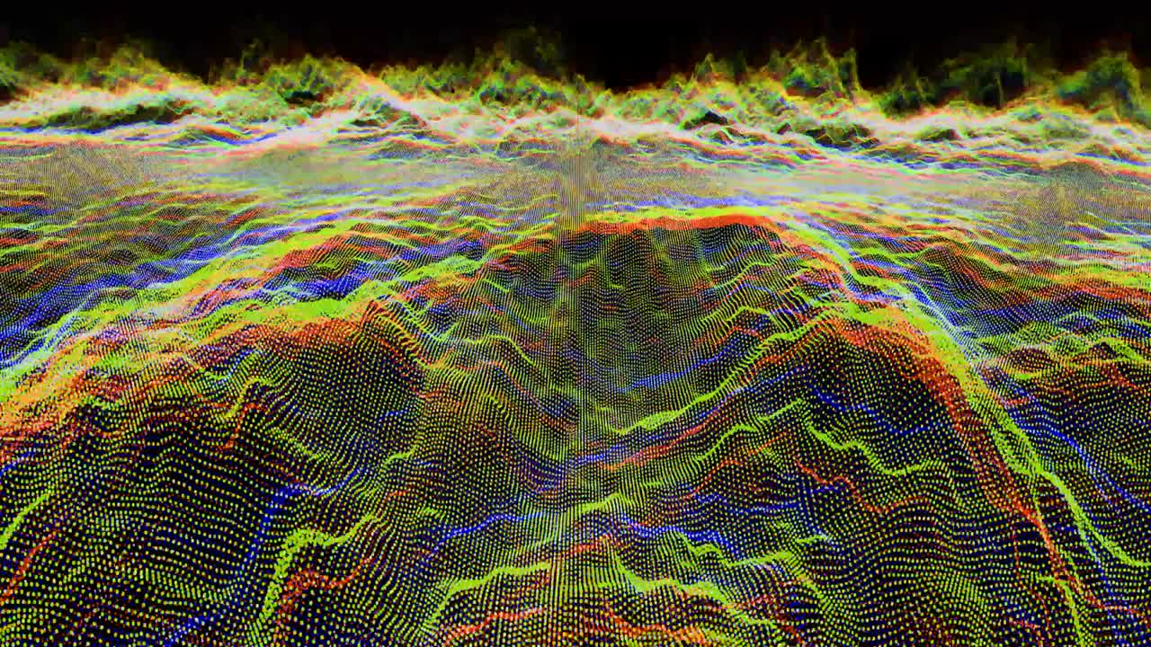 futurista abstracto verde rojo resplandor amarillo y azul oscuro volar sobre forma de onda sonido audio música bola oscilación, visualización tecnología de ondas superficie digital