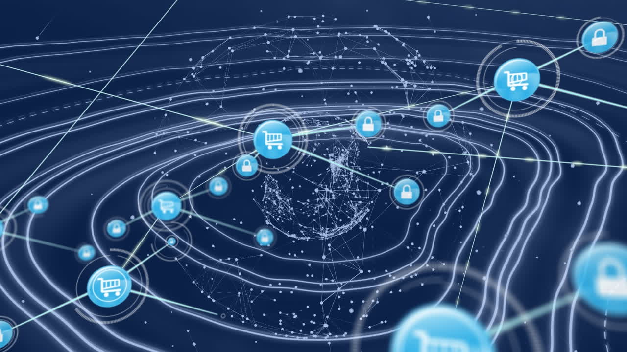 전 세계 온라인 쇼핑 아이콘과의 연결 네트워크의 애니메이션