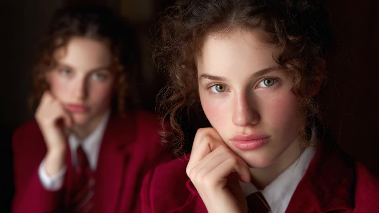 A Captivating Portrait of Two Young Women in Elegant Attire with Soft Expressions and Thoughtful Poses, Captured in a Warm and Intimate Lighting Setting