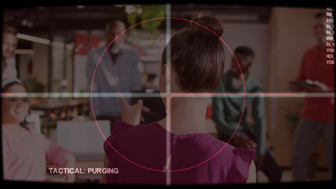 Woman raising hand toward device in business, HUD crosshair locking onto head, executing purge