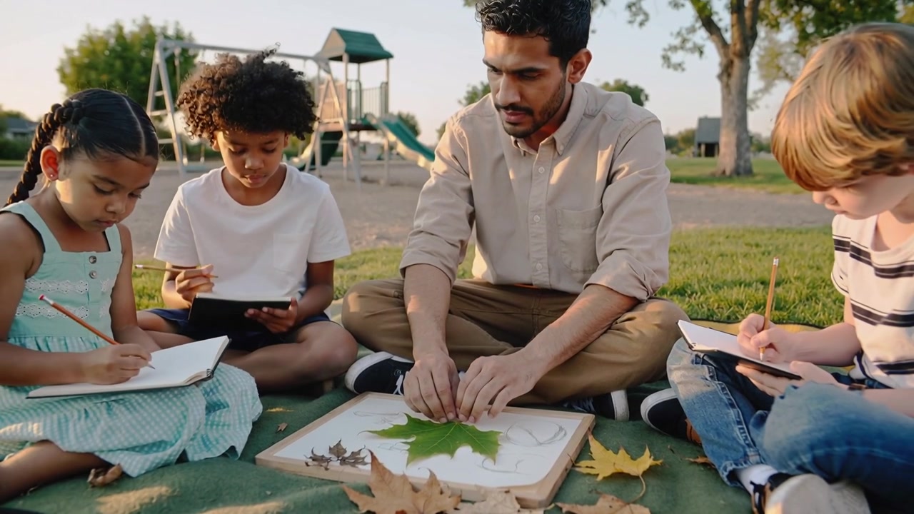Placing instructor wearing beige shirt teaching children to sketch maple leaf on board at park