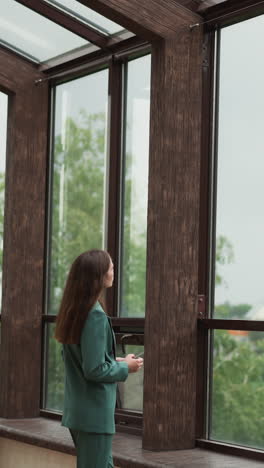 business-lady looks at nature through window. lingering disputes over resource allocation fuel sense of disillusionment in woman heart stifling innovation