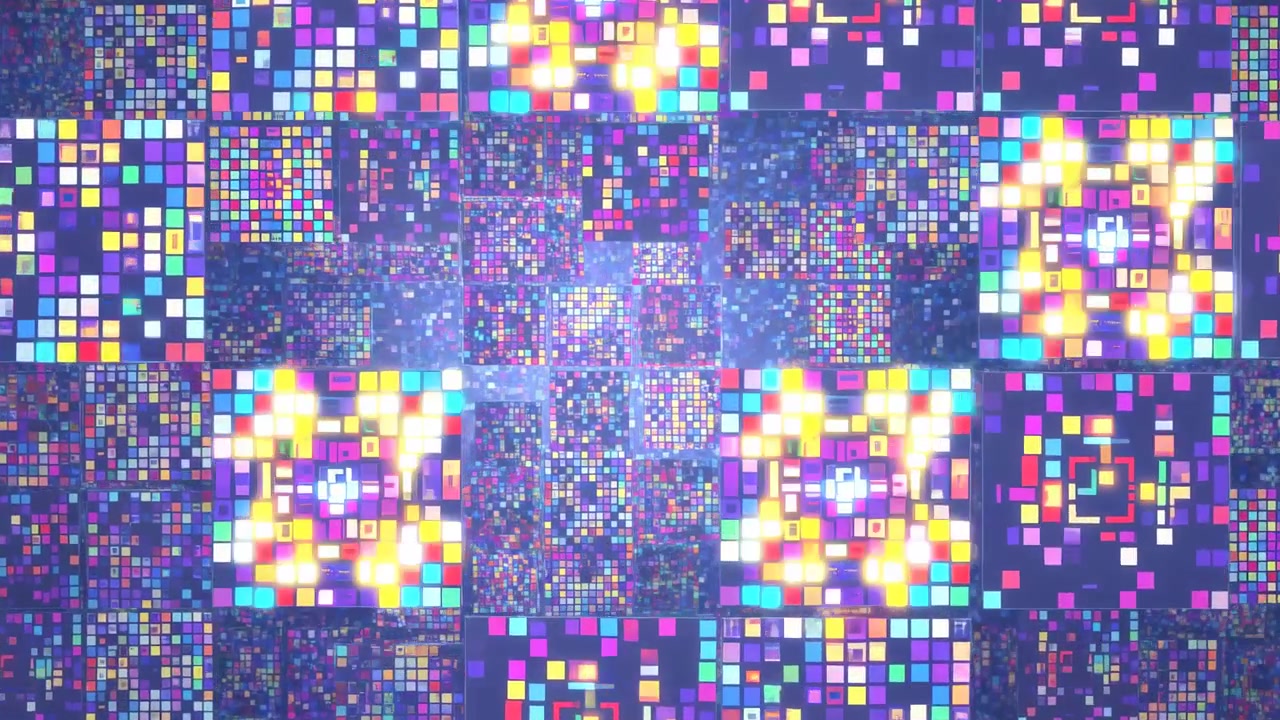 Frontal animated mosaic made of repeating square modules with colorful tiles that brighten into rhythmic luminous clusters, creating pulsing glow, sparkling highlights, and glossy abstract texture