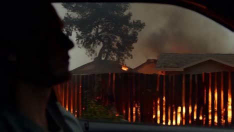 incendio de una casa visto desde una ventana de un coche