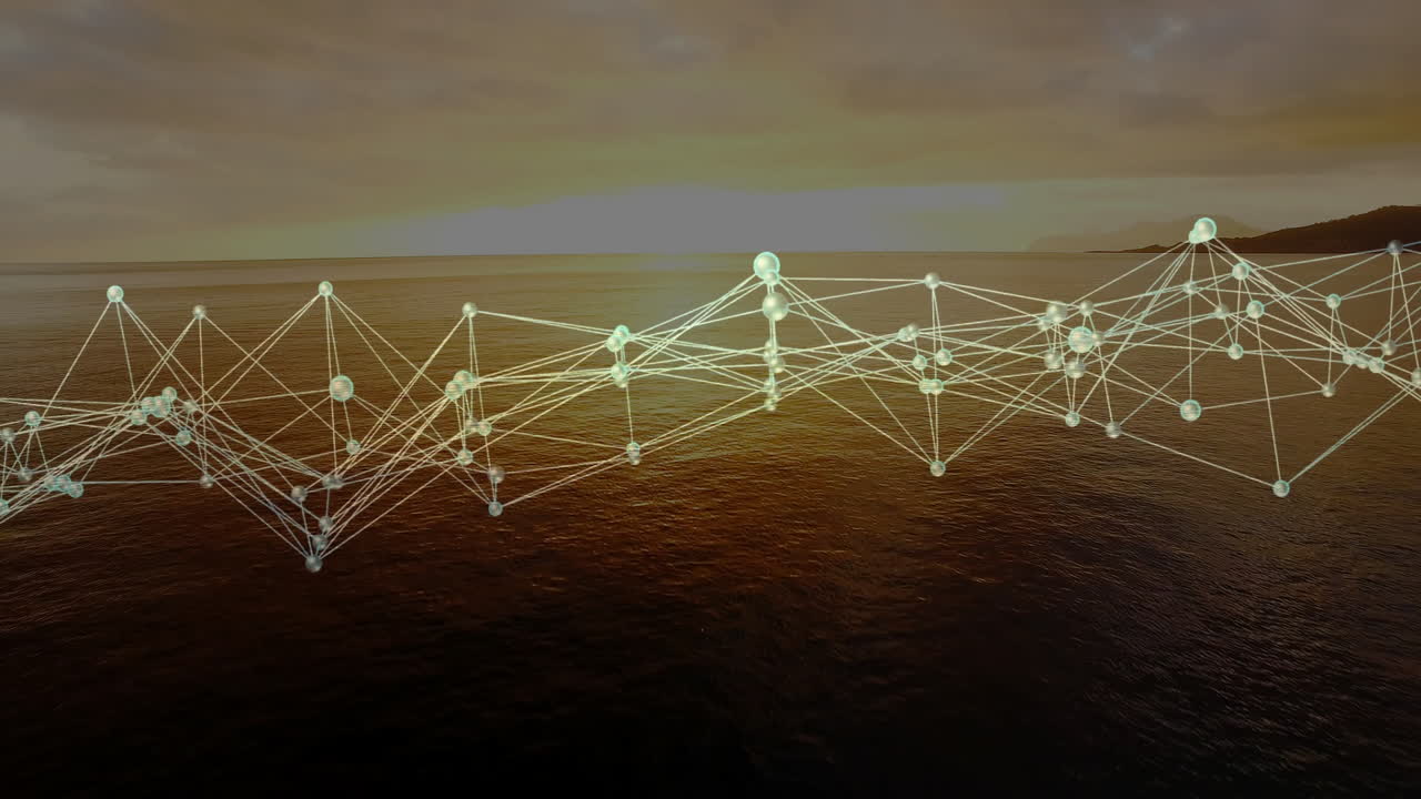 Network of connections and data processing animation over ocean at sunset