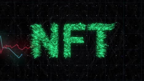 animation of graphs and nft text banner over grid network against black background