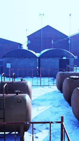 industrial fuel storage tanks in winter