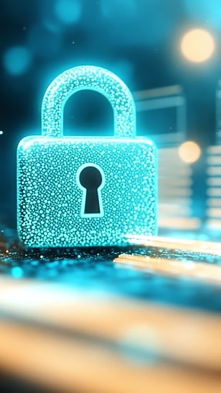 Glowing digital security lock. A glowing digital lock symbolizes cybersecurity amid colorful data streams in a futuristic setting.