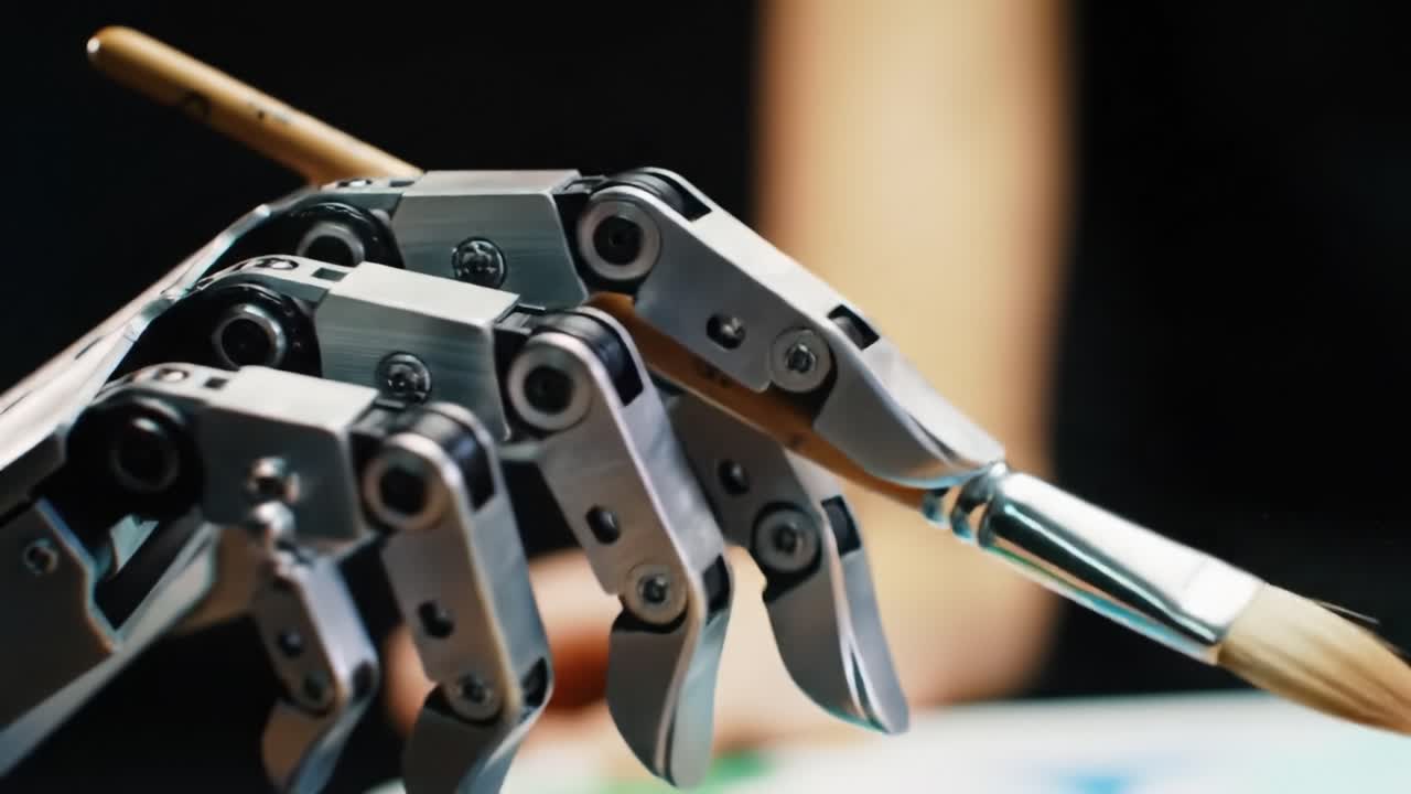 A Robotic Hand Skillfully Holding a Paintbrush, Embodying the Intersection of Art and Technology in an Innovative Display of Creation