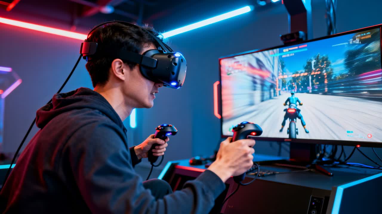 Reacting to on-screen bike speeding, hooded man steering controllers at neon desk, with VR headset