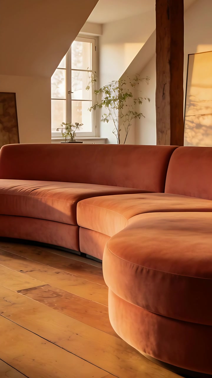 Video verticale: Panoramica su un divano componibile curvo in velluto arancione che rivela una chaise longue in un loft, con luce solare calda.