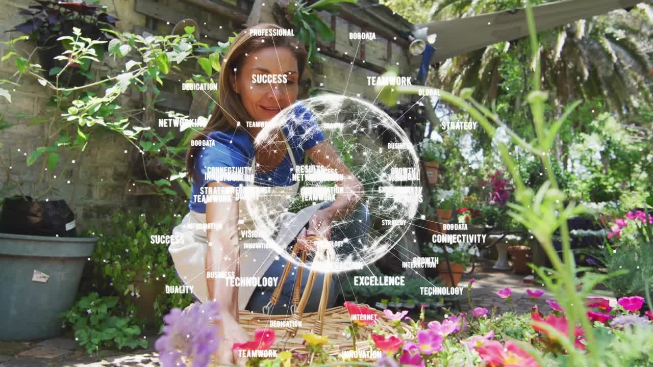 Giardiniere che tira un cesto, raccogliendo fiori al suo interno mentre un globo di dati ruota, allineandosi per un bouquet