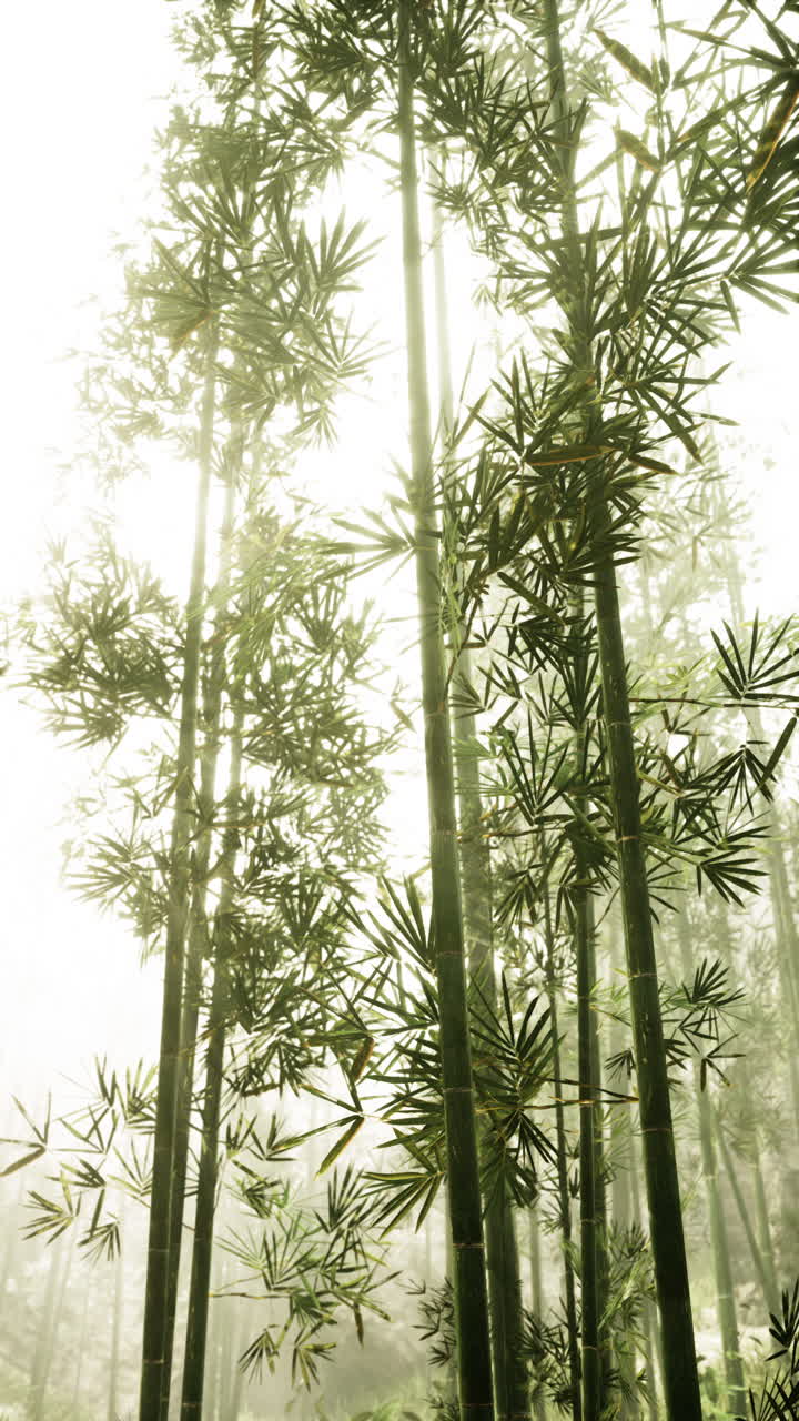 la luz del sol filtrándose a través de un bosque de bambú neblínico
